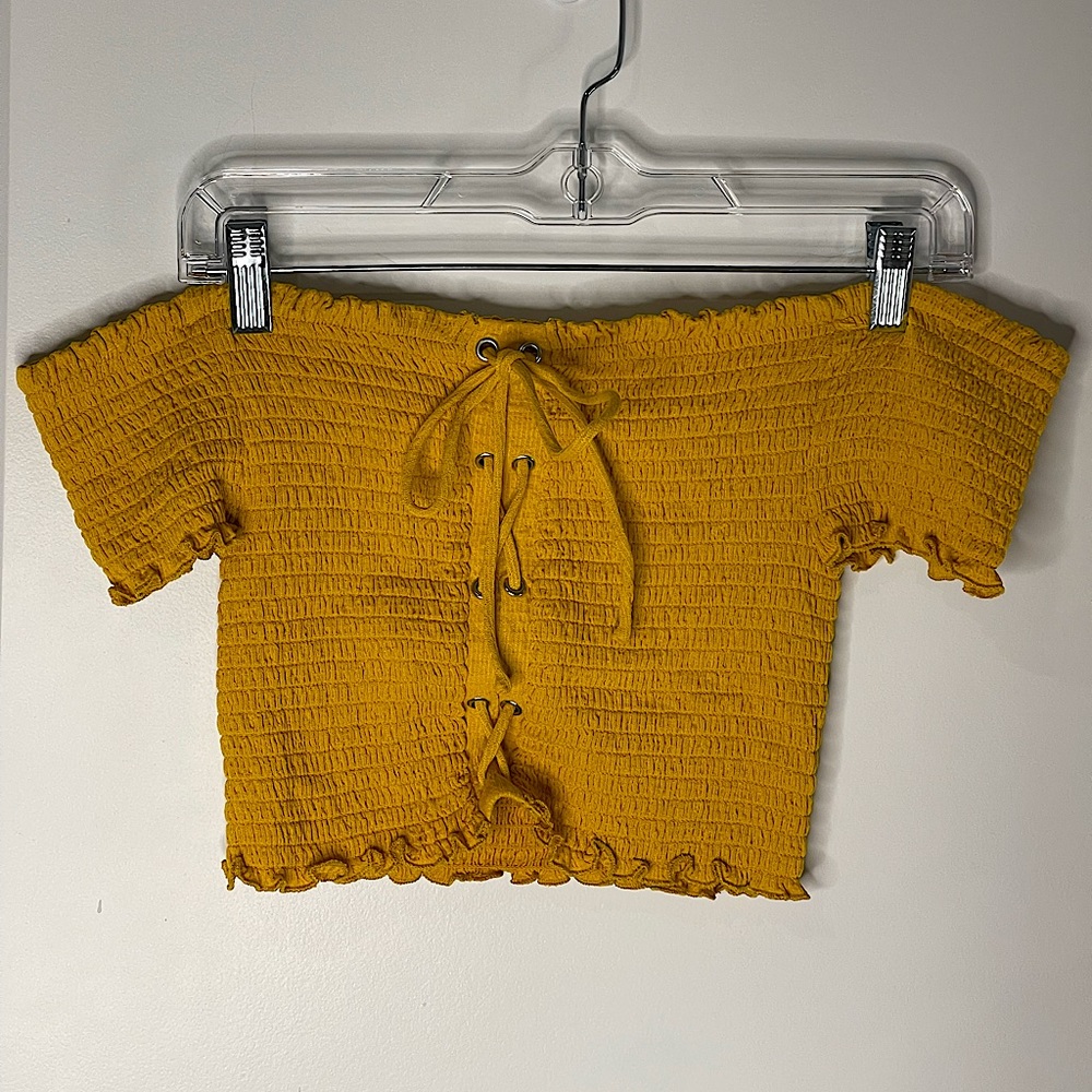 South Moon Under, Mustard over the shoulder ruffled crop top, size small